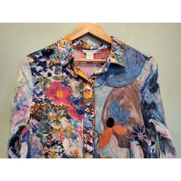Feratelli Colorful Floral Artsy Semi Sheer Asymmetrical Button Up Tunic Top XL - Picture 2 of 7
